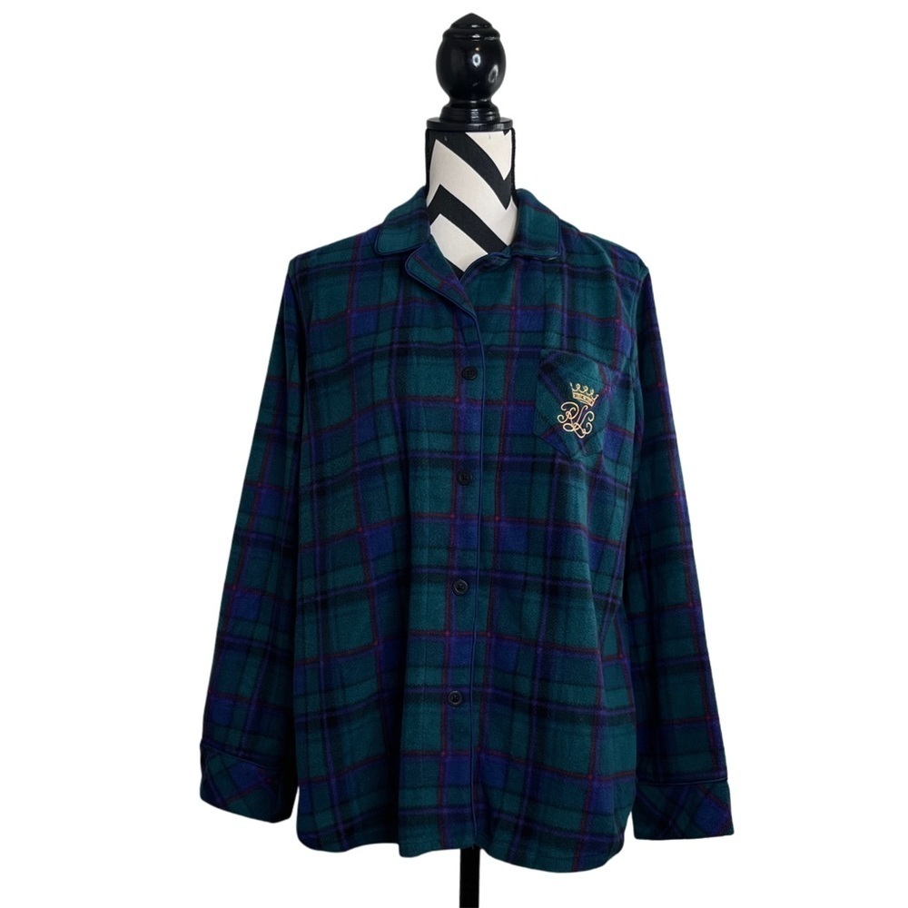 Lauren Ralph Lauren Sz L Preppy Plaid Flannel Button Front Pajama Top